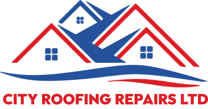 Logo for City Roofing Repairs Ltd featuring red and blue stylized house outlines above a blue and red wave graphic.