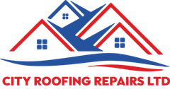 Logo for City Roofing Repairs Ltd featuring red and blue stylized house outlines above a blue and red wave graphic.