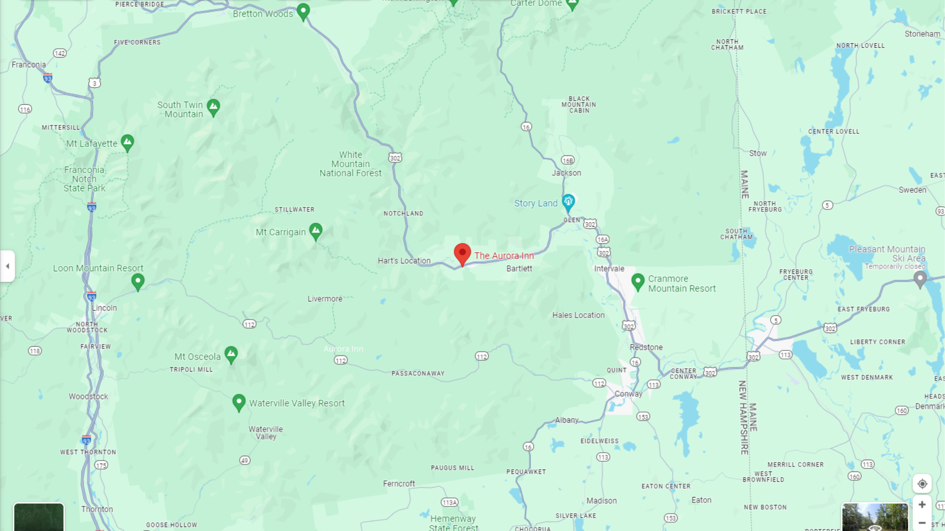 A map of the White Mountain National Forest with location pin on it.