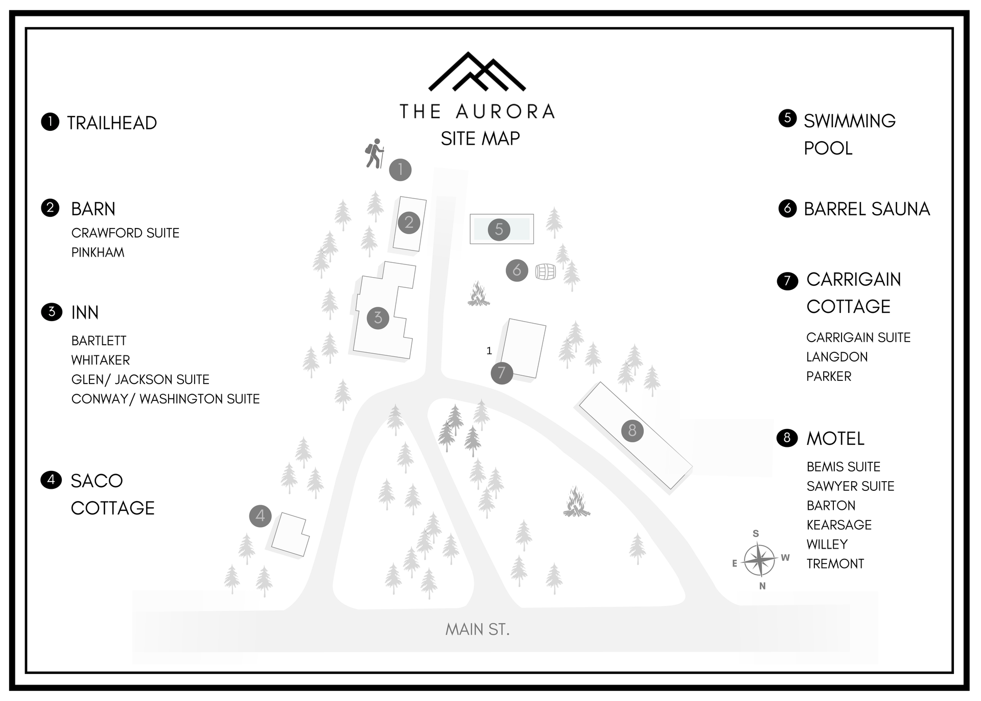 A black and white map of The Aurora site way