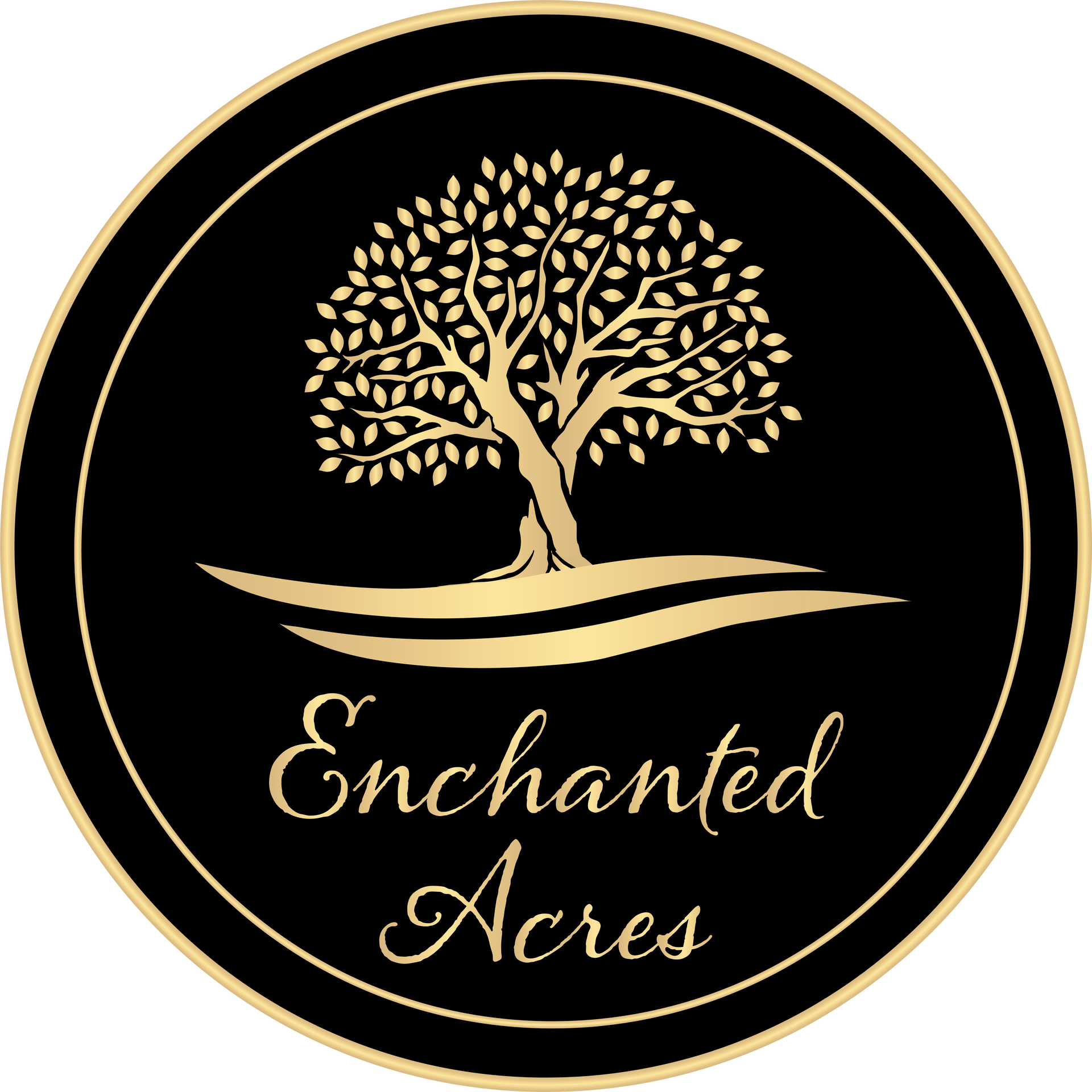 a logo for enchanted acres with a tree in the center