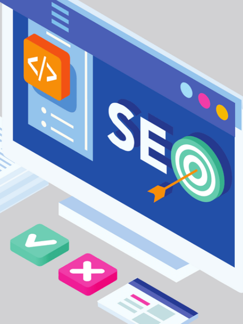 an isometric illustration of a computer screen with the word seo on it