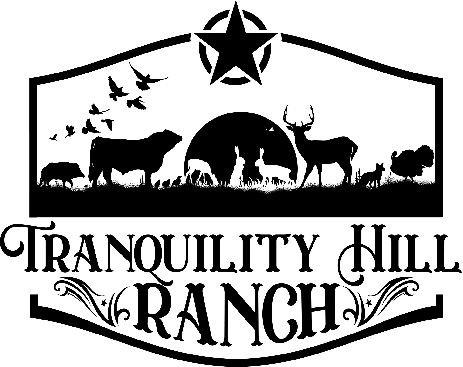 a black and white logo for tranquility hill ranch with animals and a star .