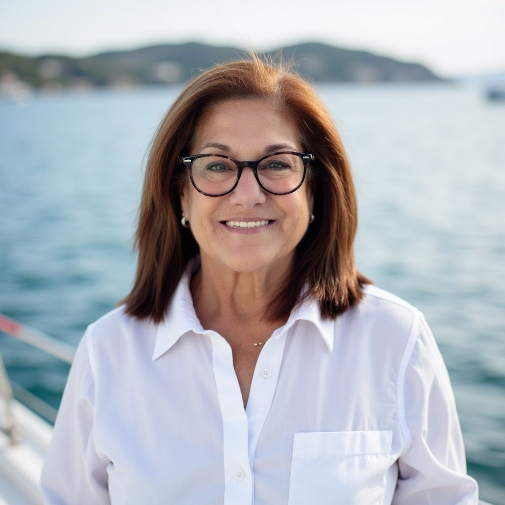 A person wearing glasses and a white button-down shirt smiles on a boat with the ocean and distant hills in the background.