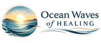 Logo for Ocean Waves of Healing, featuring a circular sunset over ocean waves with text to the right.
