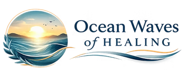 Logo for Ocean Waves of Healing, featuring a circular sunset over ocean waves with text to the right.