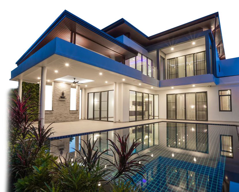 Modern two-story house with pool, featuring large windows and an outdoor patio; nighttime setting.