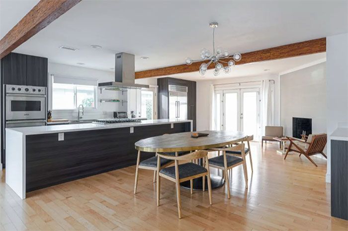 A kitchen with a table and chairs in it