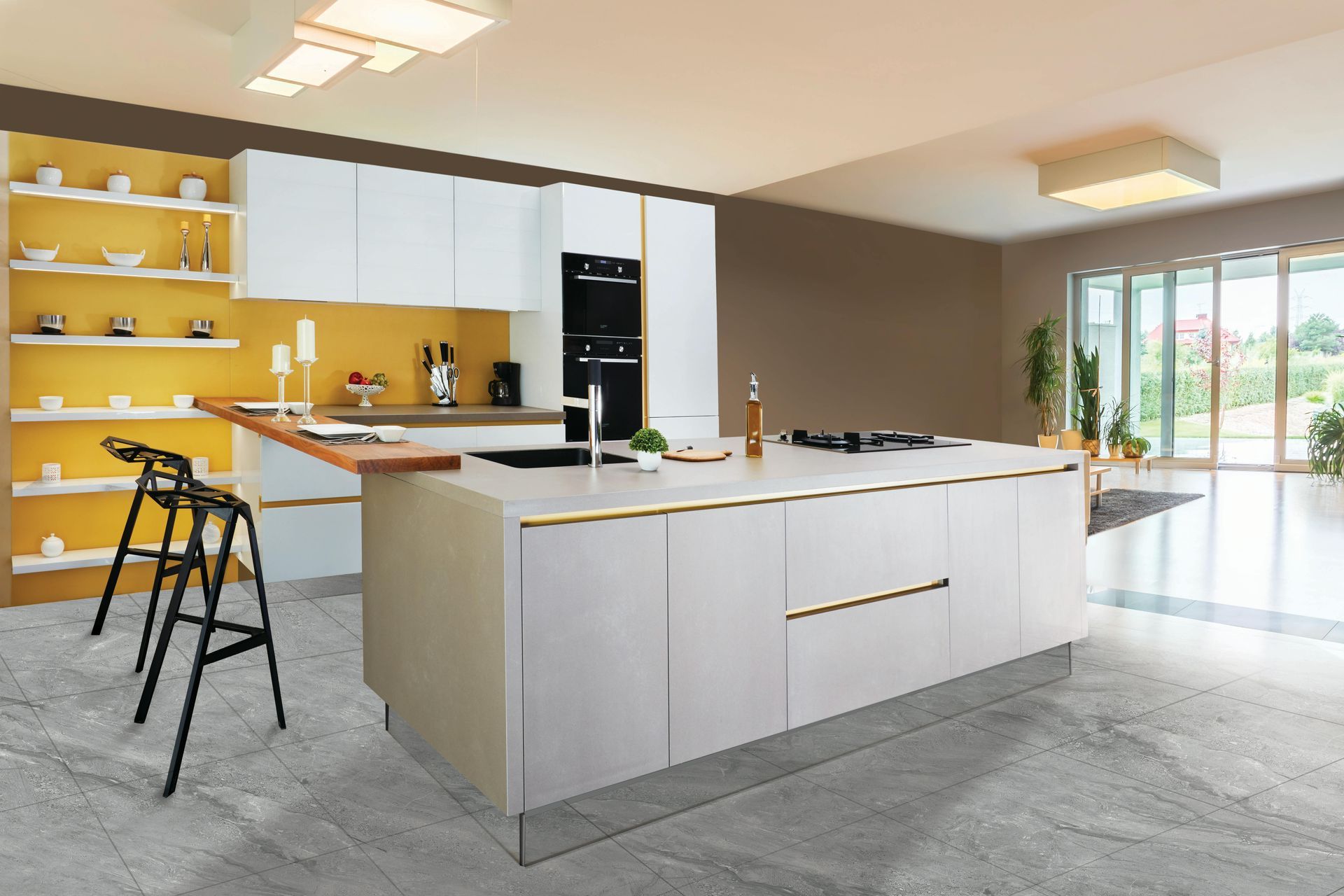 Modern kitchen with island, white cabinetry, yellow backsplash, and stools.