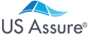 The logo for us assure is a blue triangle with a wave in the middle.