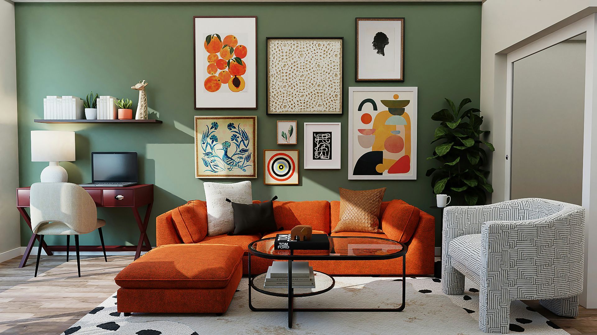 A living room with an orange couch , a coffee table , chairs , and a green wall.