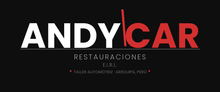 Logotipo de ANDYCAR RESTAURACIONES en blanco y rojo sobre fondo negro, con eslogan debajo.