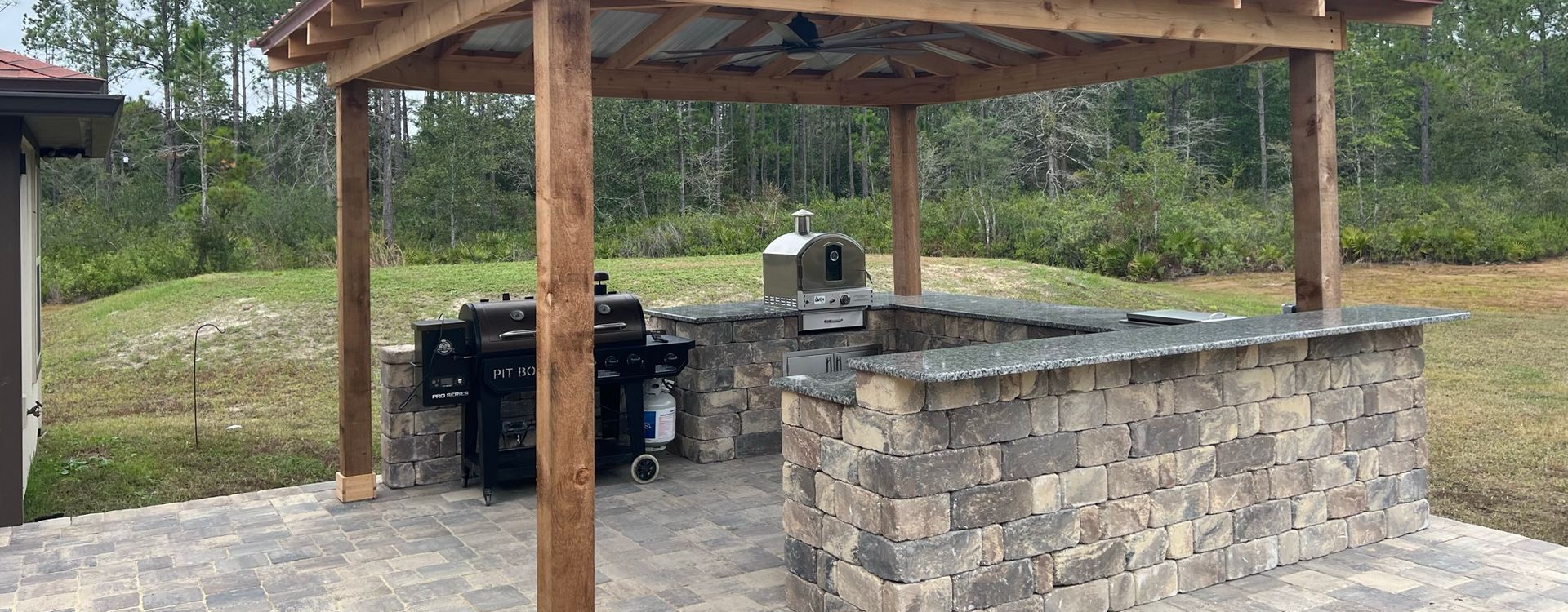Cedar Cabana with Metal Roof and Stonegate Sierra Summer Kitchen