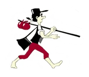 A cartoon figure in a hat and red pants walks barefoot, carrying a bundle tied to a stick over their shoulder.