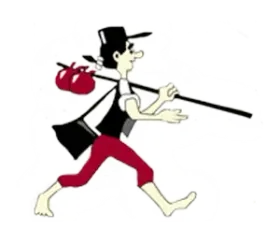 A cartoon figure in a hat and red pants walks barefoot, carrying a bundle tied to a stick over their shoulder.