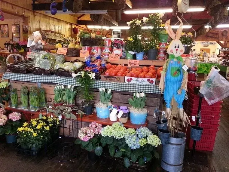 A produce and plant display in a market, featuring crates of tomatoes, potted flowers, and a large stuffed bunny decor.