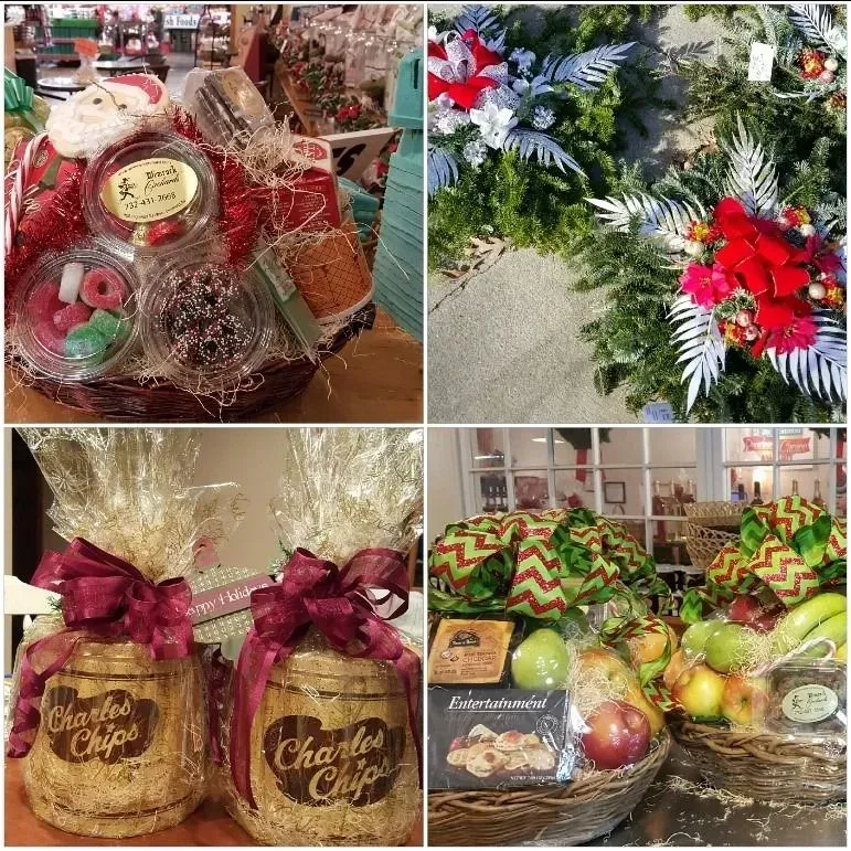 A collage showing four festive gift baskets and arrangements containing candies, Charles Chips, fruit, and holiday décor.