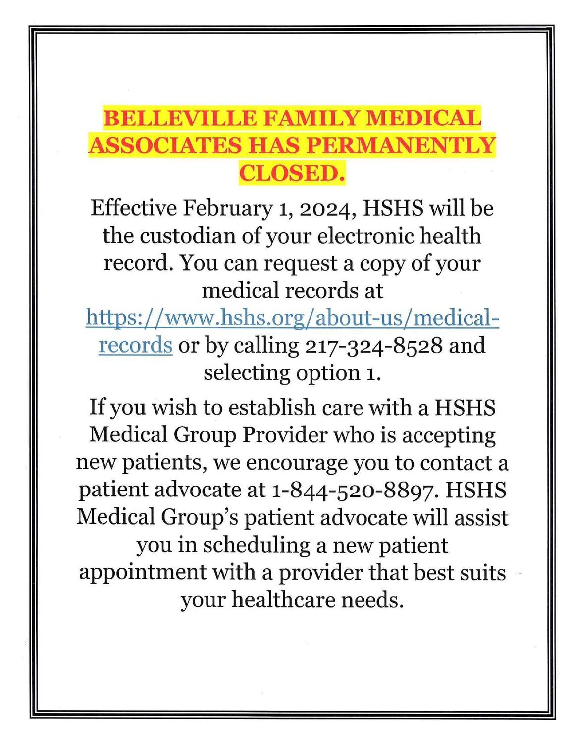 Belleville Family Medical Associate Permanently Close Notice