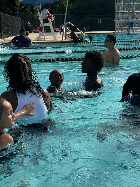 A group of people are swimming in a pool.