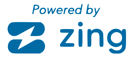 A blue logo that says powered by zing