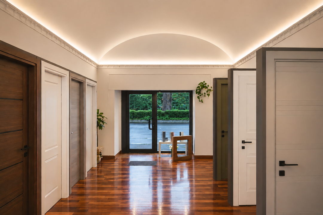 Corridoio moderno con pavimento in legno, illuminazione a incasso e porte finestre che si aprono su un patio.