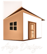 Logo stilizzato di una casa in 3D con pareti beige, tetto, porta e finestre marroni, e la scritta