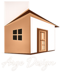 Logo stilizzato di una casa in 3D con pareti beige, tetto, porta e finestre marroni, e la scritta