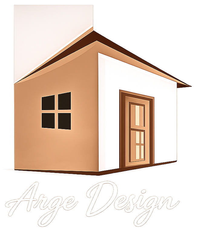 Logo stilizzato di una casa in 3D con pareti beige, tetto, porta e finestre marroni, e la scritta 