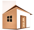 Illustrazione 3D di una piccola casa beige con pareti bianche, tetto marrone, porta e finestra d'ingresso.