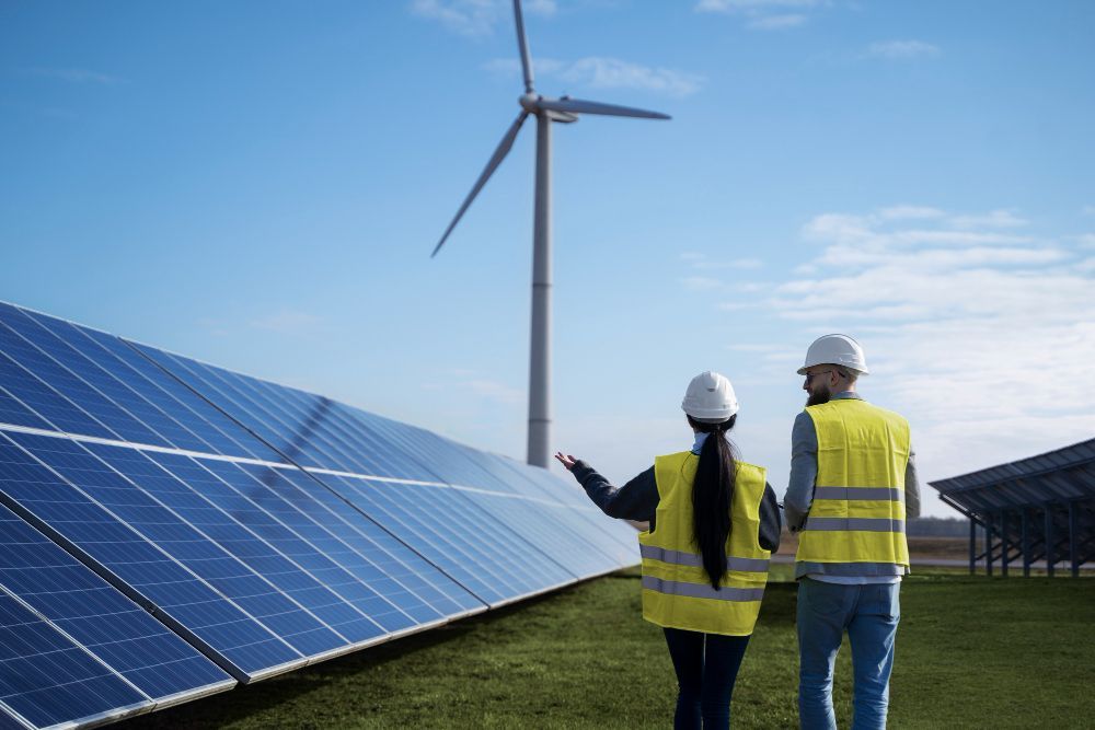 A man and a woman are standing in front of a wind turbine and solar panels.