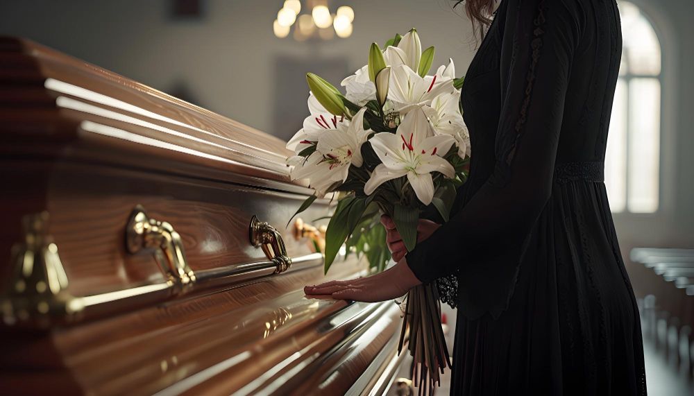 A woman is holding a bouquet of flowers in front of a coffin.