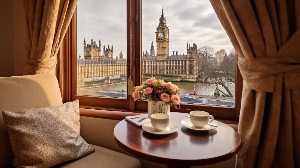 A table with two cups of coffee on it in front of a window with a view of big ben in london.