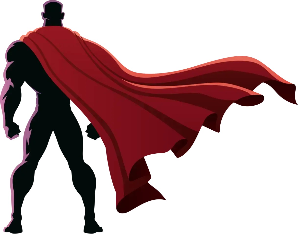 A silhouette of a superhero with a red cape