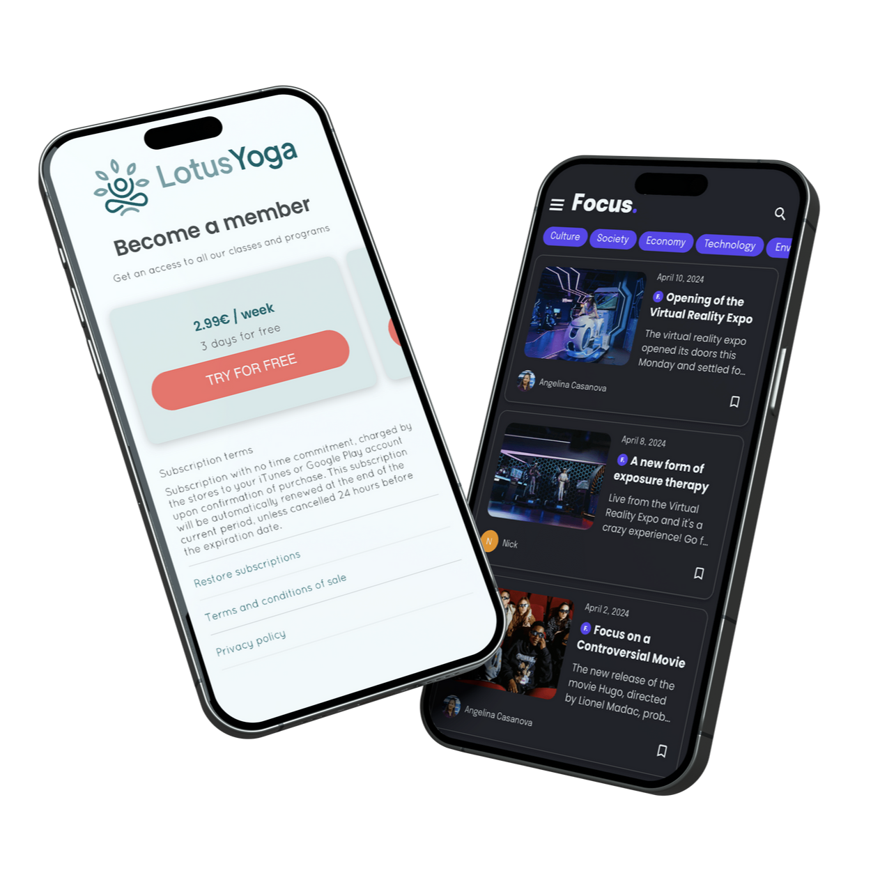 Two smartphones displaying a yoga membership sign-up and a focus app interface.