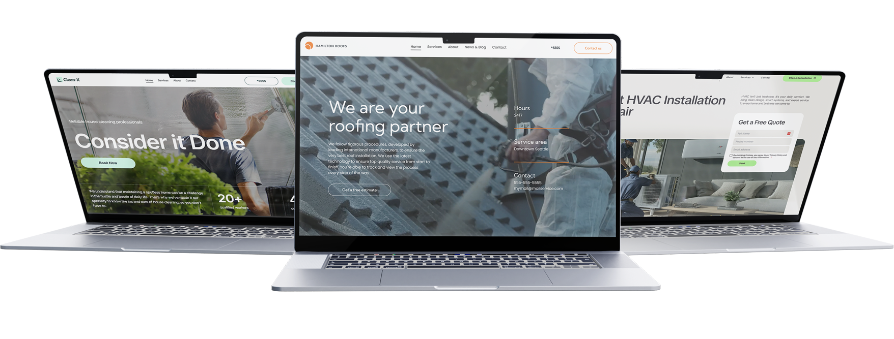 Three laptops displaying websites. The central laptop shows 