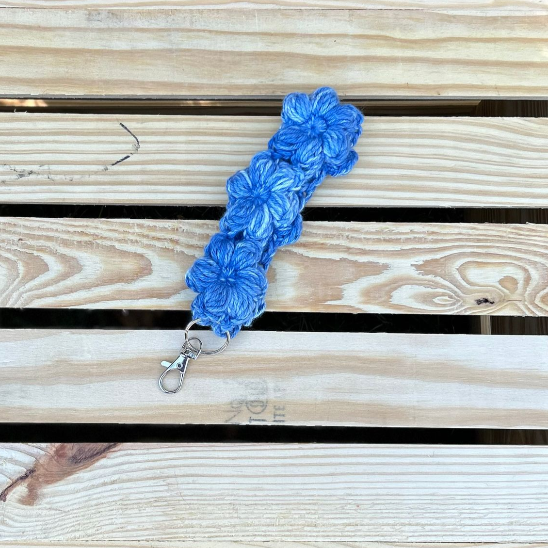 Flower Puff Keychain Wristlet - Denim Blue
