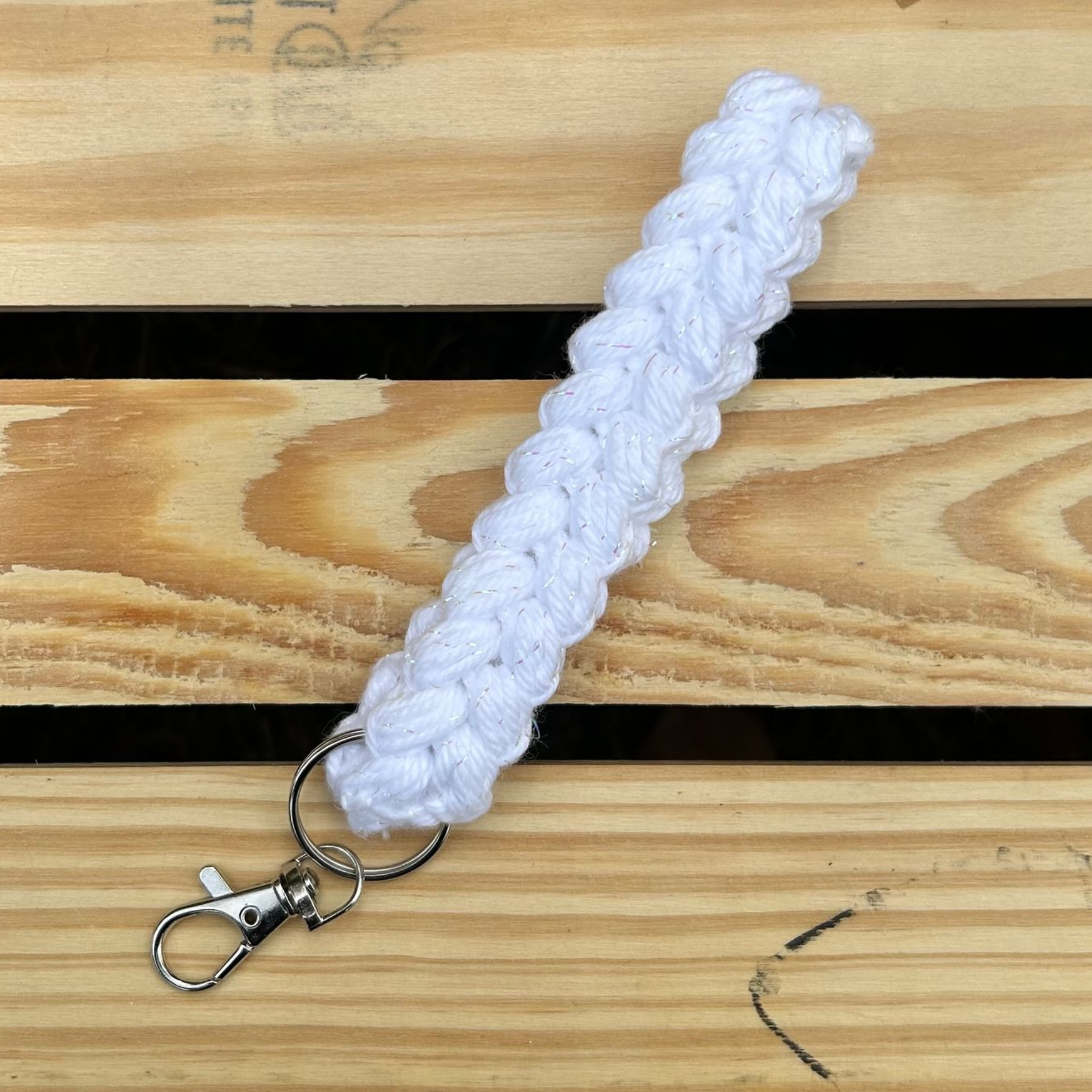 Braided Puff Keychain Wristlet - White Sparkle