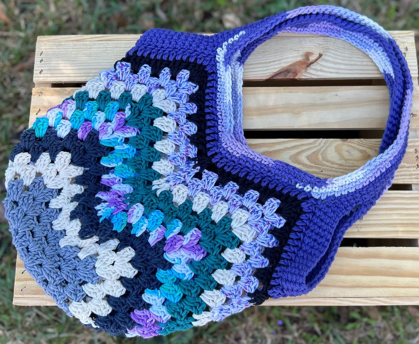 Scrap Yarn Granny Stitch Market Bag - Blue & Purple Tones