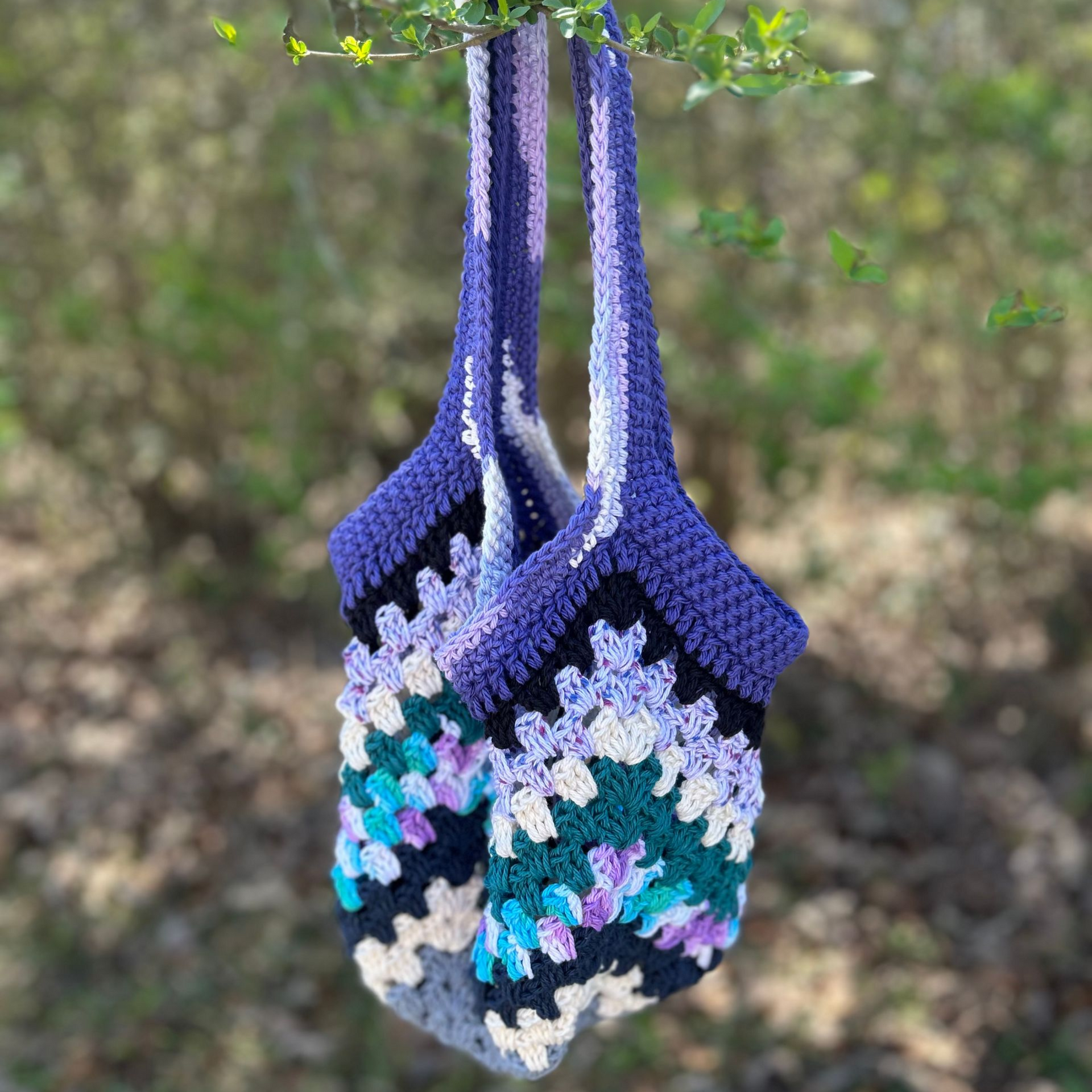 Scrap Yarn Granny Stitch Market Bag - Blue & Purple Tones