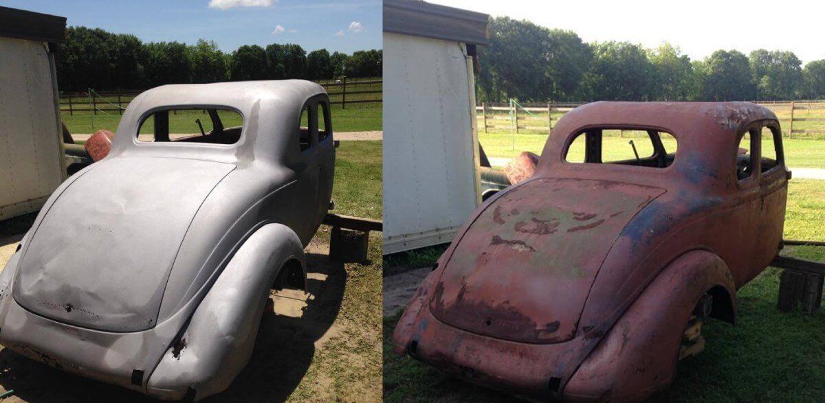 A picture of a car before and after being painted