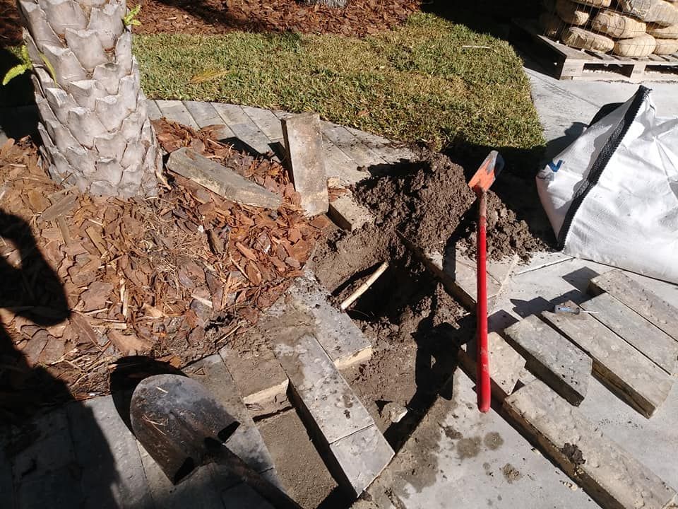 Construction site: dismantling bricks around a palm tree; dirt, shovel, red tool, and a white bag present.
