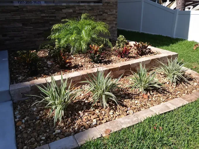 A raised garden bed with various plants and small rocks, bordered by stone blocks, next to a building and grass.
