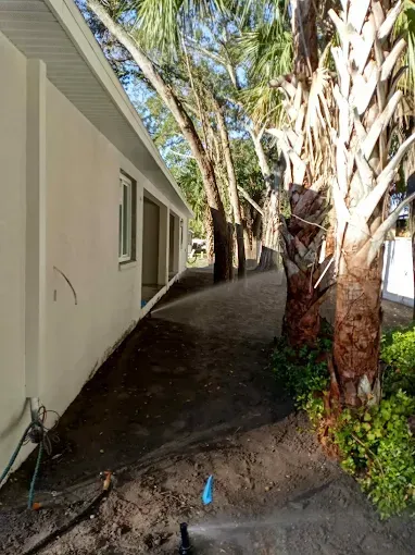 A side view of a beige building with palm trees and sprinklers watering dark soil.