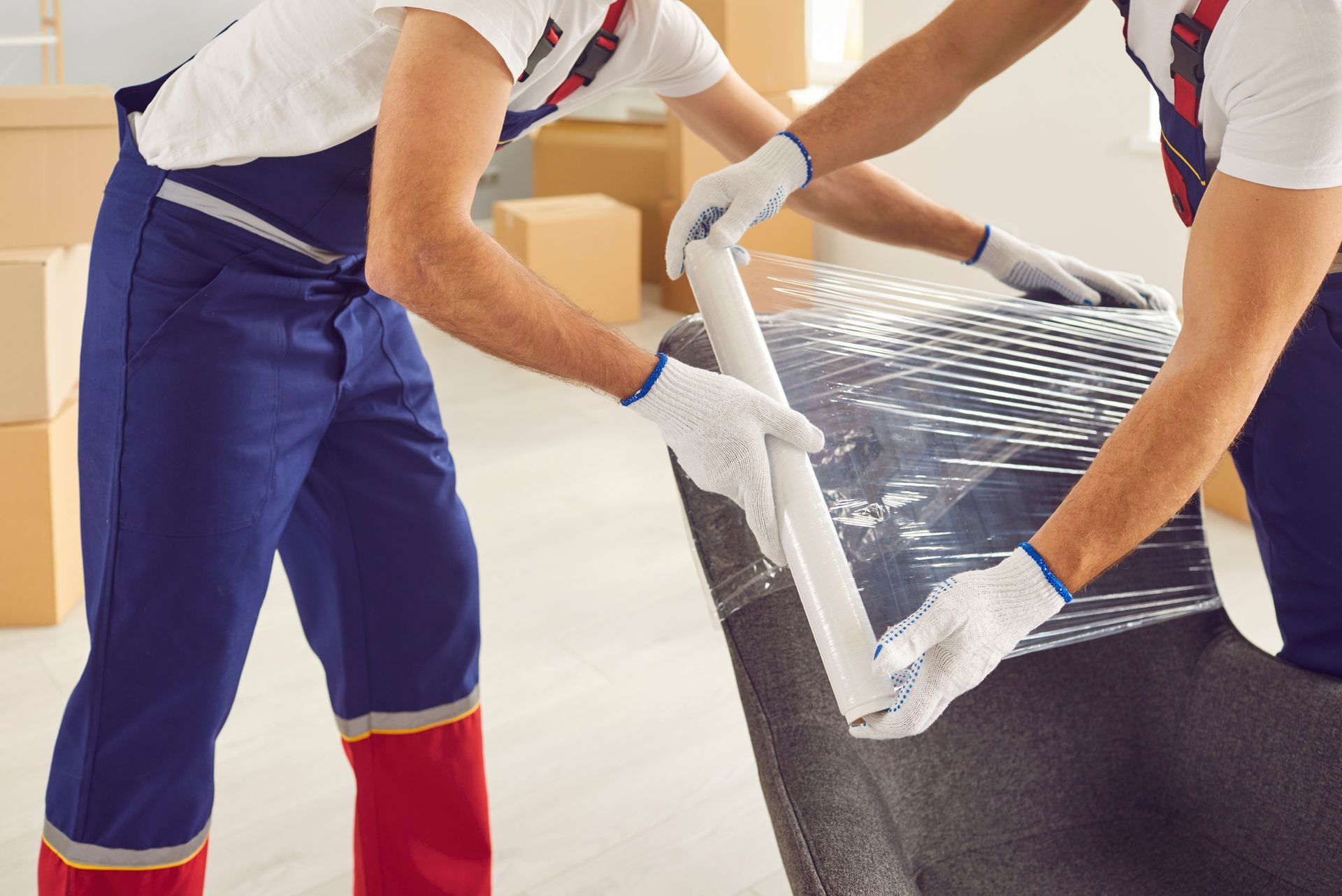 Cropped photo of two specialists performing a furniture removal service, wrapping a chair. Cropped photo of two specialists performing a furniture removal service, wrapping a chair.