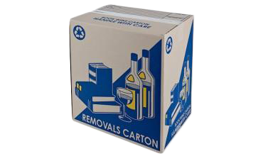 A cardboard box with a picture of bottles and books on it.