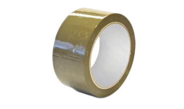 A roll of brown packing tape on a white background.