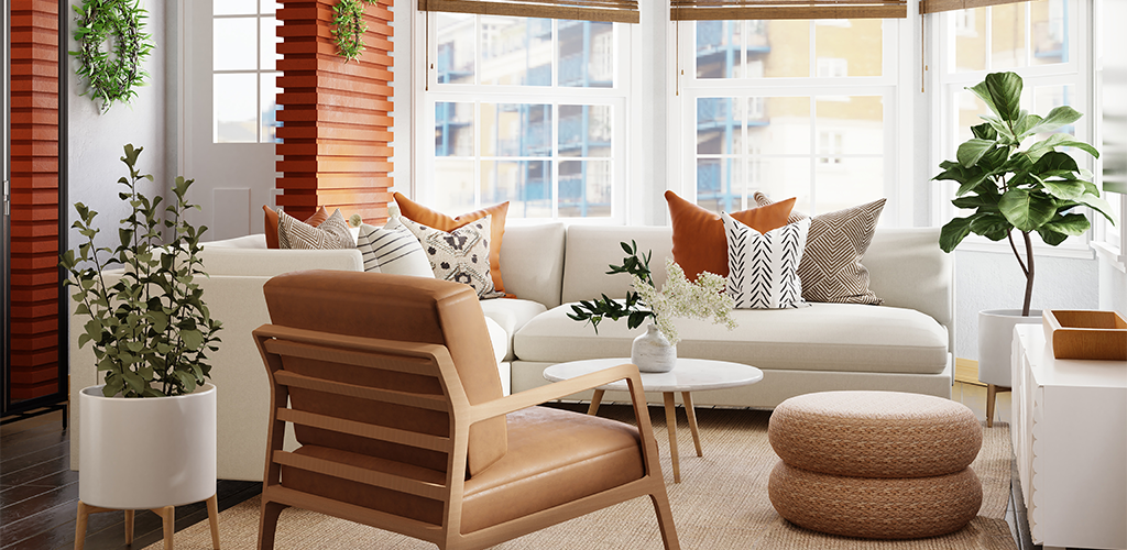 A living room with a couch , chair , table and plants.