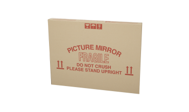 A picture mirror is in a cardboard box that says picture mirror fragile do not crush please stand upright.