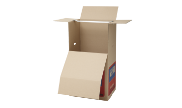 A cardboard box with the lid open on a white background