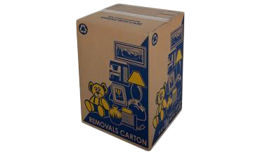 A cardboard box with a picture of a teddy bear on it.